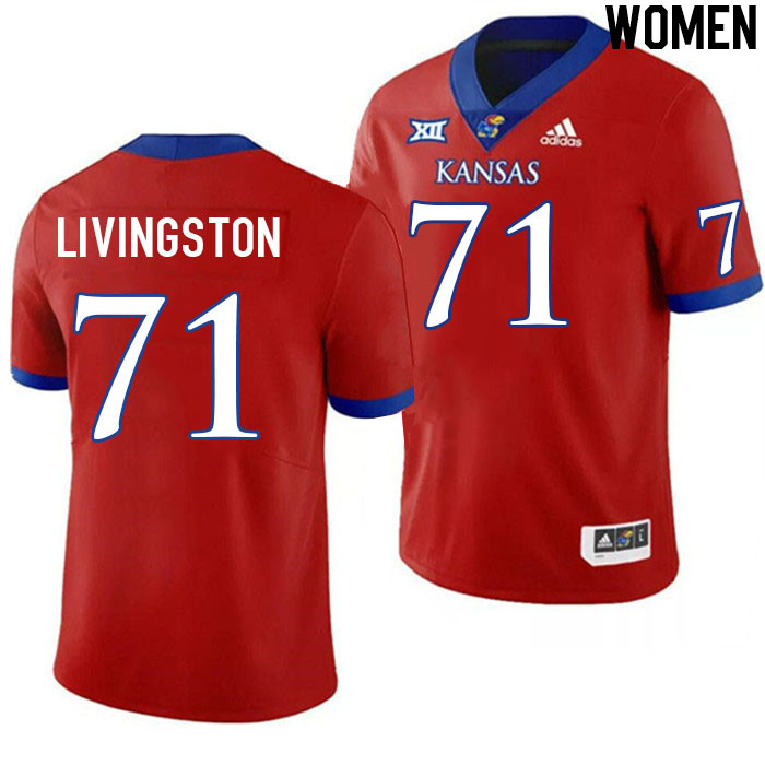 Women #71 James Livingston Kansas Jayhawks College Football Jerseys Stitched Sale-Red